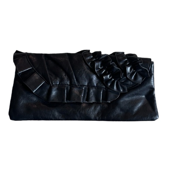 Amazon Handbags - Black Faux Leather Clutch Ruffle – Evening Bag / Date Night Purse Handbag